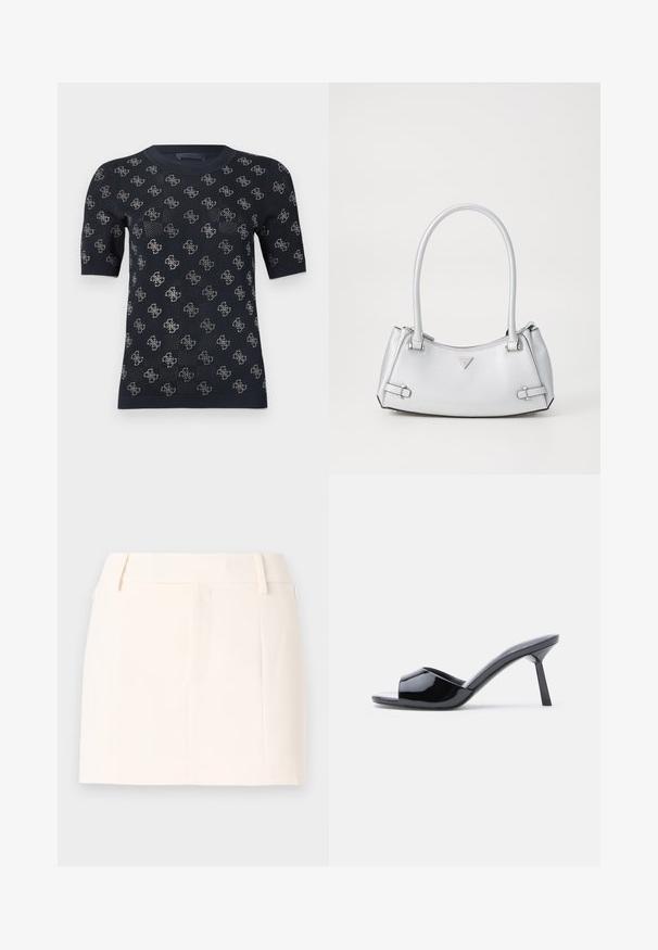 Schwarzer kurzärmeliger Pullover mit einem strukturierten Strickdesign und sich wiederholenden silbernen Logo-Mustern. Rundhalsausschnitt und figurbetonte Silhouette.; Good American SUITING MINI SKIRT - Minirock - cloud white; Schwarze Sandalen mit Absatz aus Lackleder, offenem Zehenbereich, mit geschwungenem Obermaterial und spitz zulaufendem Stilettoabsatz. Glatte, glänzende Oberfläche.; Silberne Handtasche mit einem strukturierten Design, ausgestattet mit zwei Griffen, glänzender Oberfläche, Akzentbeschlägen und einem dreieckigen Logo auf der Vorderseite.