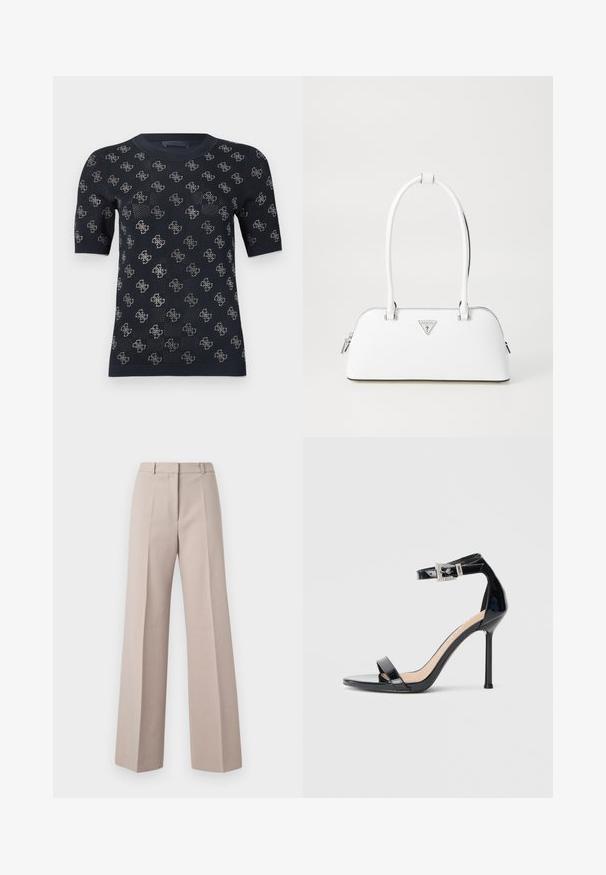 Suéter negro de manga corta con un diseño de punto texturizado que presenta patrones repetidos del logo en plata. Cuello redondo y silueta ajustada.; Pantalones de pierna ancha beige, fabricados con un tejido suave, que cuentan con una cintura alta, pliegues frontales y una silueta ajustada.; Sandalia de tacón alto en piel sintética negra con correa en el tobillo. Presenta un diseño minimalista, punta abierta y una hebilla con detalles de pedrería.; Bolso de cuero blanco con forma curva, que presenta un logo triangular plateado y cierre de cremallera. Textura lisa y dos asas.