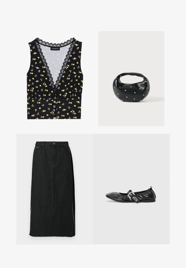 Sort top med gul blomstermønster, blondekant ved halsudskæringen, knaplukning foran og en tætsiddende pasform. Blødt stof med let stræk.; Sort denimnederdel med høj talje, lige snit og unikke skrå sømme. Har sideslids og knaplukning i taljen.; Sorte læder flade sko med spids tå, samling detaljer omkring åbningen, og en sølv spænde accent på den justerbare rem.; Sort læderhåndtaske med en rundet form, dekoreret med sølvnitter, og et kort håndtag. Glat tekstur og lynlåslukning.