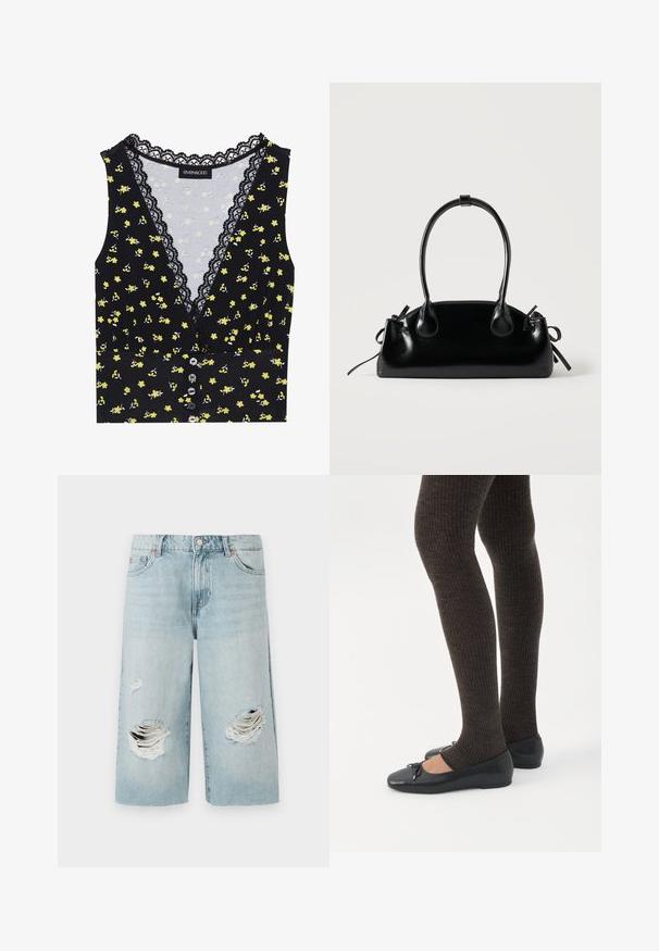 Sort top med gul blomstermønster, blondekant ved halsudskæringen, knaplukning foran og en tætsiddende pasform. Blødt stof med let stræk.; Lyseblå denimshorts med løs pasform, der har to store slidte huller foran. Fem lommer og en synlig metalknaplukning.; Ben iført mørke ribbede leggings kombineret med sorte balletsko med små sløjfedetaljer på hvid baggrund.; Lille sort blank håndtaske med to lange håndtag og snøre-detaljer i siden på en ensfarvet lys baggrund.