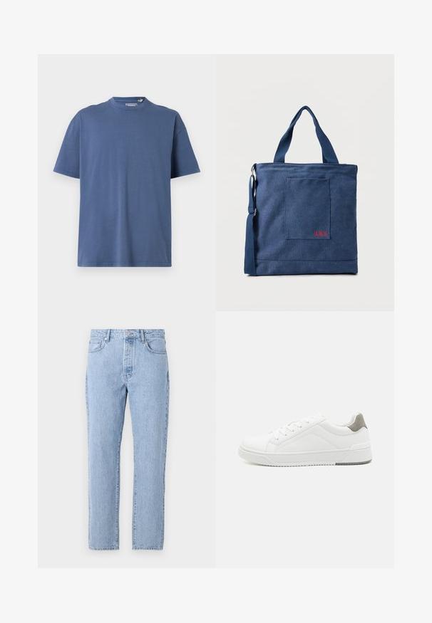 Blauwe T-shirt met korte mouwen van zacht katoen, met een ronde hals en een relaxte pasvorm, met minimale stikdetails.; Lichtblauwe spijkerbroek met een recht model, vijf zakken en een knoopsluiting. Zachte textuur met een klassieke vervaagde afwerking.; Witte sneaker van glad leer met een ronde neus, minimalistisch ontwerp, grijze hielaccent en een geplaatste rubberen zool.; Blauwe canvas tas met voorvak en rode "O.N.S" borduring, voorzien van dubbele handvatten en een verstelbare schouderriem.