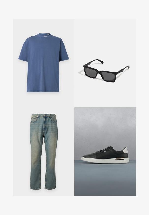 Blauwe T-shirt met korte mouwen van zacht katoen, met een ronde hals en een relaxte pasvorm, met minimale stikdetails.; Vervaagde blauwe denim jeans met een rechte pijp, vijf zakken en een knoopsluiting. Heeft subtiele details met een lichtere wassing.; Zwarte leren sneaker met witte zool, voorzien van perforaties, vetersluiting, logo aan de zijkant en contrasterend hieldetail in wit en bruin.; Zwarte zonnebril met rechthoekige lenzen, matte afwerking, dikke montuur en slanke veren met subtiele merkaanduiding.