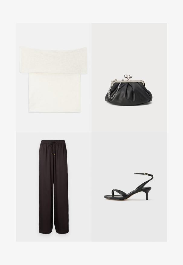 Top off-the-shoulder en un suave tejido de punto blanco, con un escote amplio y un corte recto. Textura lisa con detalles de diseño mínimos.; Pantalones negros holgados con cintura elástica y cordón con puntas en tono dorado, de largo completo y corte recto.; Sandalia negra de cuero para mujer con tiras finas, un lazo para el dedo del pie, hebilla en el tobillo y tacón de aguja de altura media sobre un fondo neutro.; Clutch de cuero negro con textura arrugada, marco de metal en tono plateado, cierre de beso y cadena para colgar. Superficie suave y lisa.