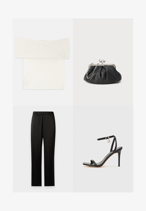 Off-shoulder top i et blødt hvidt strikstof, der har en bred halsudskæring og en lige pasform. Glat tekstur med minimale designdetaljer.; Sorte lige ben bukser med elastisk talje, glat stof og ingen synlige lommer eller udsmykninger, præsenteret på en hvid baggrund.; Sort hæl-sandal med smal ankrem, firkantet tå-boks, glat lædermateriale og metalspænde som pynt.; Sort læder clutch med samlet tekstur, sølvfarvet metalramme, kys-lås lukning og kædestrop. Glat, blød overflade.