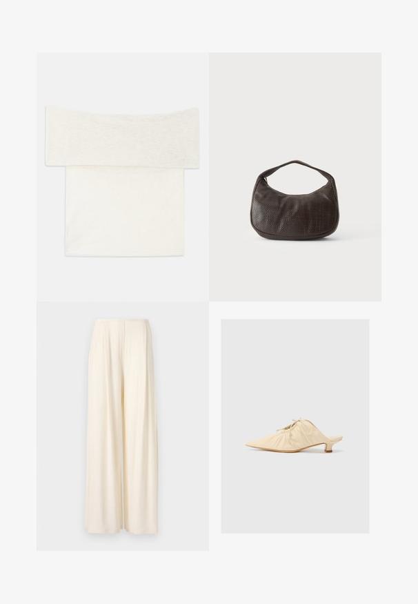 Top off-the-shoulder en un suave tejido de punto blanco, con un escote amplio y un corte recto. Textura lisa con detalles de diseño mínimos.; Norma Kamali MENS PLEAT - Pantalones - cream; Zapato de piel color crema tipo slip-on con puntera afilada, detalles fruncidos en la parte delantera y un tacón corto y cuadrado.; Pequeño bolso de mano marrón oscuro con textura, con correa corta y fondo redondeado sobre un fondo claro y liso.