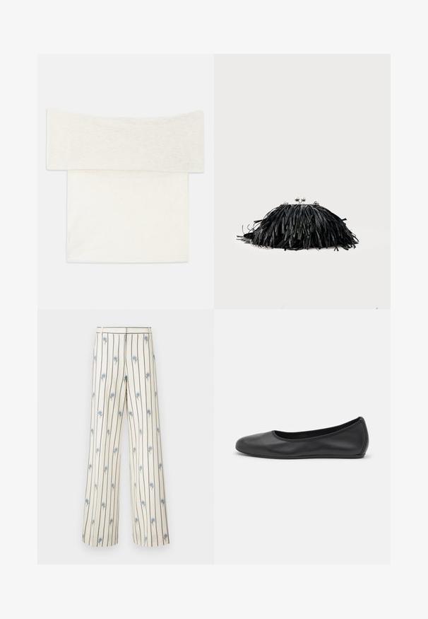 Off-shoulder top i et blødt hvidt strikstof, der har en bred halsudskæring og en lige pasform. Glat tekstur med minimale designdetaljer.; Vide bukser lavet af cremefarvet stof med lodrette mørke striber og små blå blomsterbroderier over det hele. Har en skræddersyet talje.; Sort læderballetsko med rund tå, glat tekstur, minimal syning og et fleksibelt såldesign.; Sort clutchtaske med frynser, sølvlukning og kæderem mod en ensartet lys baggrund.