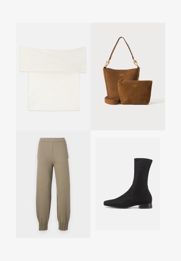 Off-shoulder top i et blødt hvidt strikstof, der har en bred halsudskæring og en lige pasform. Glat tekstur med minimale designdetaljer.; Beige joggingbukser med elastiske manchetter, sidelommer og syningsdetaljer på knæene, vist på en hvid baggrund.; Sort ankelstøvle med en glat, elastisk overdel og en lav, lagdelt hæl. Har en spids tå og et sømløst design.; Brun ruskindspose med aftagelig rem og matchende lille lynlåspung, begge med gulddetaljer og diskret mærkelogo.