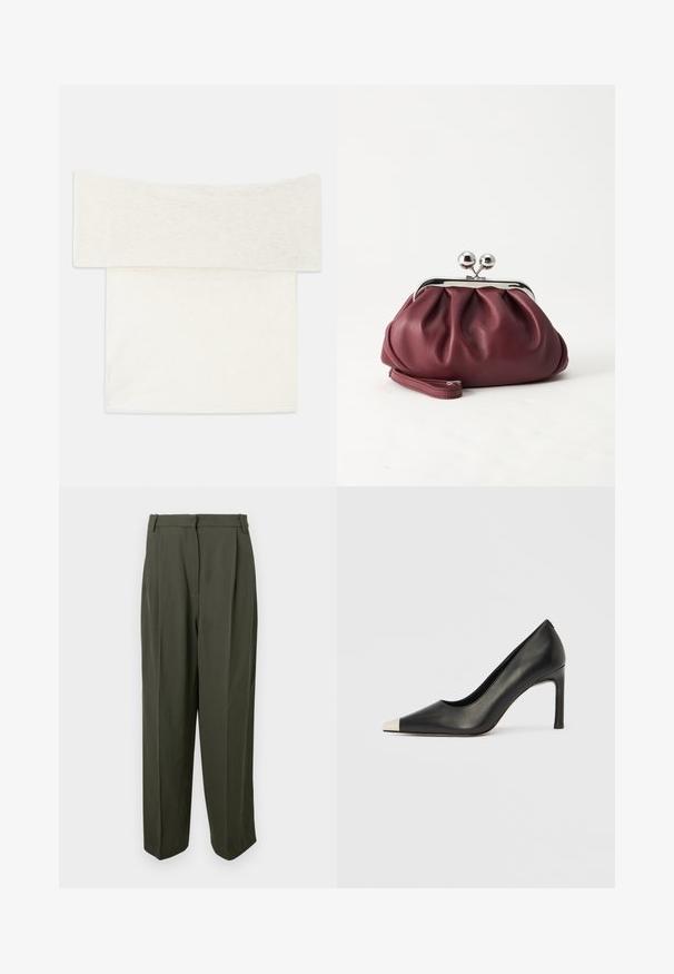 Off-shoulder top i et blødt hvidt strikstof, der har en bred halsudskæring og en lige pasform. Glat tekstur med minimale designdetaljer.; Olivengrønne bukser lavet af et glat stof, med høj talje, plisseret front og vidde ben silhuet. Ingen synlige lommer eller udsmykninger.; Sort læder højhælet sko med spids tå og metal-sølv hætte. Har en glat finish og en slank hæl på 10 cm.; Lille bordeauxlæder clutch-pung med sølv metal lukning og håndledsrem på hvid baggrund.