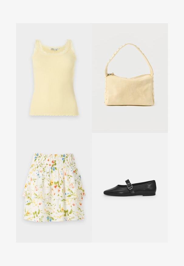 Débardeur jaune à côtes, sans manches, avec un décolleté et un ourlet en dentelle festonnée. Texture douce, design ajusté et matériau léger.; Jupe à motifs floraux avec une taille smockée, des couches volantes et un fond blanc ornée de fleurs vertes, rouges et bleues.; Chaussure plate en cuir noir avec un bout arrondi, une seule sangle réglable à boucle et une texture lisse et brillante. Design minimaliste avec un petit talon.; Petit sac à main en cuir beige avec une seule bandoulière et des clous argentés le long des bords et de la bandoulière, posé sur un fond uni.