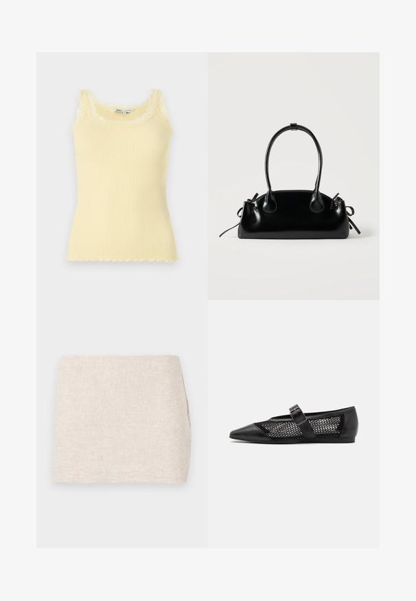 Débardeur jaune à côtes, sans manches, avec un décolleté et un ourlet en dentelle festonnée. Texture douce, design ajusté et matériau léger.; Jupe en lin beige au design minimaliste, présentant une texture lisse et un tissage subtil. Elle a une coupe droite et simple, sans fermetures visibles.; Chaussure plate noire avec un bout pointu, panneaux latéraux en maille et une sangle avec une boucle décorative. Fini lisse sur les sections du bout et du talon.; Petit sac à main noir brillant avec deux longues anses et des détails à cordon sur les côtés sur un fond clair uni.
