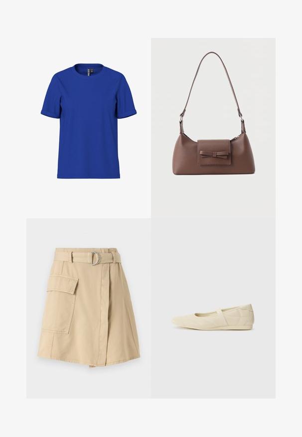 Camiseta lisa de color azul real con mangas cortas, dobladillo en las mangas y cuello redondo, mostrada sobre un fondo blanco.; Falda de algodón beige con un bolsillo lateral, cintura con cinturón que presenta un anillo plateado y una ligera forma en A. Textura suave y diseño sencillo.; Bailarinas beige con un exterior de cuero liso, punta en forma de almendra y una correa elástica en el empeine, con detalles de costura sutiles.; Bolso bandolera de cuero marrón con un bolsillo frontal de solapa que presenta un detalle de moño cosido y una correa ajustable.