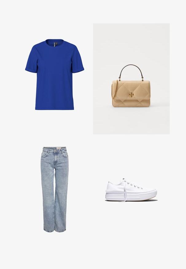 Camiseta lisa de color azul real con mangas cortas, dobladillo en las mangas y cuello redondo, mostrada sobre un fondo blanco.; Jeans de pernera ancha en azul claro, elaborados en denim, con cintura alta, diseño de cinco bolsillos y un ligero desvanecimiento que les da un aspecto usado.; Zapatilla blanca de lona de perfil bajo con suela gruesa de plataforma, cierre de cordones en el frente y puntera de goma texturizada, mostrada de perfil.; Bolso de mano de cuero acolchado en beige con herrajes dorados, cadena y asa superior. Presenta una tapa en la parte frontal y un detalle de logotipo distintivo.