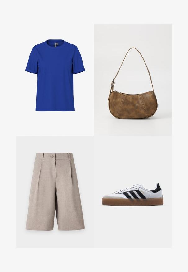 Ensfarvet kongeblå T-shirt med korte ærmer, opsmøgede ærmekanter og rund halsudskæring, vist på en hvid baggrund.; Beige skræddersyede shorts med læg, med knaplukning og glat tekstur, designet til en struktureret, moderne silhuet.; Hvide lædersneakers med sorte striber, gummirubber sål, rund tå, snørelukning og blød grå ruskinds tåhætte.; Brun faux læder skuldertaske med en buet form, en enkelt strop, kontrasterende syninger og en lynlåslukning langs den øverste kant.