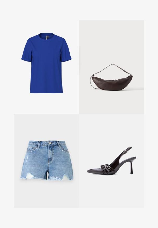 Camiseta lisa de color azul real con mangas cortas, dobladillo en las mangas y cuello redondo, mostrada sobre un fondo blanco.; Pantalones cortos de mezclilla azul con dobladillos deshilachados, parches desgastados, tachuelas metálicas cerca de los bolsillos delanteros y cierre de botón en la cintura.; Zapato de tacón alto tipo slingback de charol negro con punta afilada y tres correas decorativas con hebillas sobre la parte superior.; Bolso de hombro de cuero marrón oscuro en forma de media luna con una correa curva y costuras visibles sobre un fondo liso.
