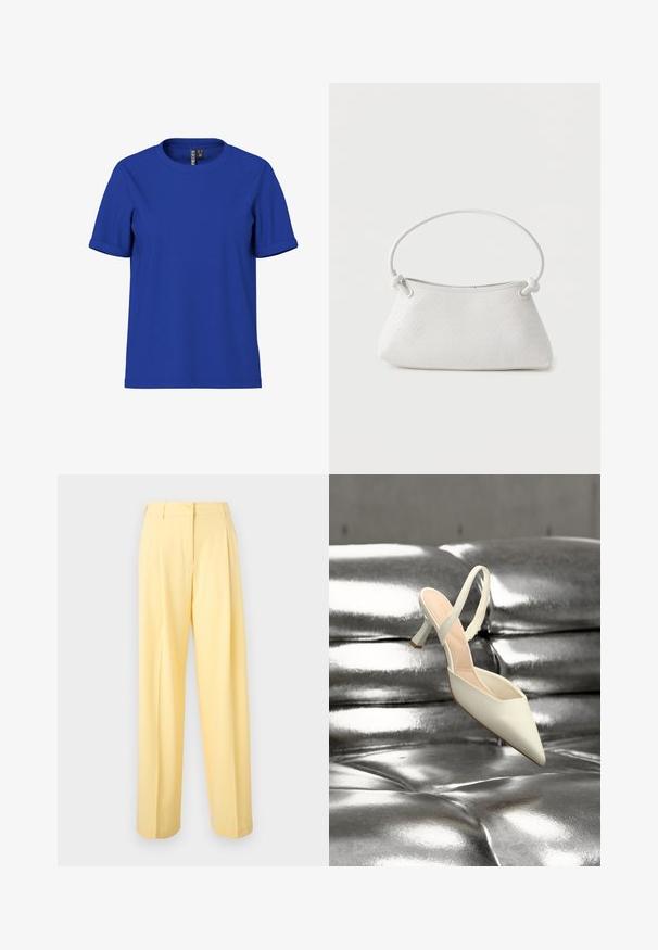 Einfaches königsblaues T-Shirt mit kurzen Ärmeln, aufgekrempelten Manschetten und rundem Ausschnitt, präsentiert vor weißem Hintergrund.; Hellgelbe High-Waist-Hose mit Knopf- und Reißverschluss, geradem weitem Bein und flachem Vorderteil.; Ein einzelner weißer Slingback-Pumps mit spitzer Kappe liegt auf einer glänzenden, metallisch silbernen, gesteppte Oberfläche.; Weiße gewebte Lederhandtasche mit abgerundetem Griff und verknoteten Riemenenden, vor schlichtem Hintergrund präsentiert.