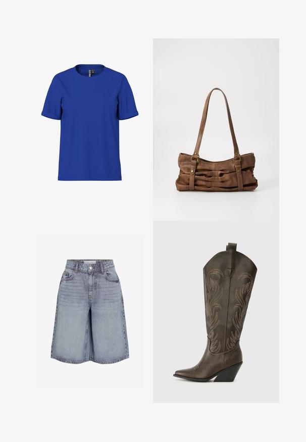 Ensfarvet kongeblå T-shirt med korte ærmer, opsmøgede ærmekanter og rund halsudskæring, vist på en hvid baggrund.; Lys blå denimshorts med høj talje, forreste knap, lynlås, bæltestropper og fem-lomme-design.; Brune læder cowboystøvle med spids tå, kilehæl og dekorativ broderi. Har en høj stok og en trækflap.; Even&Odd by Zalando Håndtasker - brown