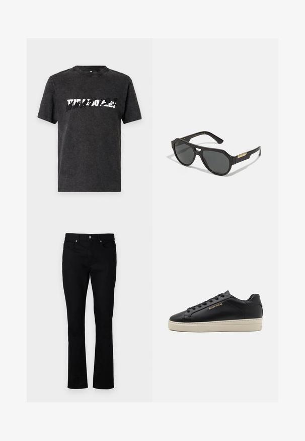 T-shirt en coton noir avec un col ras du cou, affichant un design graphique blanc audacieux et usé sur la poitrine. Manches courtes.; Jean en denim noir avec une coupe droite, dotée d'une taille mi-haute, de cinq poches et d'accents en métal. Texture lisse.; Sneaker en cuir noir avec une finition lisse, semelle crème contrastante, bout arrondi, logo doré sur le côté et six œillets pour les lacets.; Lunettes de soleil noires avec une monture géométrique, des verres teintés et des accents dorés sur les tempes. Matériau en plastique lisse avec une finition mate.