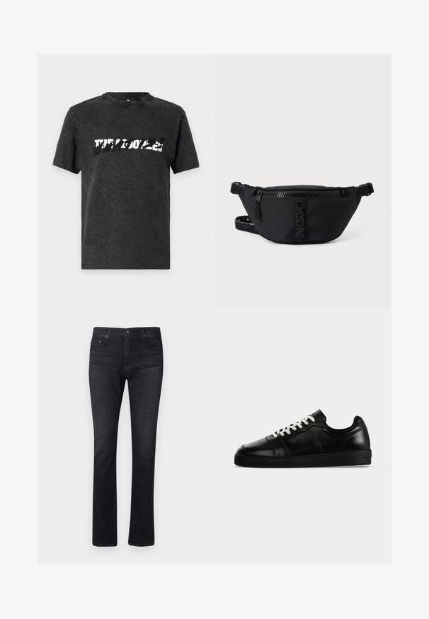 T-shirt en coton noir avec un col ras du cou, affichant un design graphique blanc audacieux et usé sur la poitrine. Manches courtes.; Jean en denim foncé avec une coupe droite, présentant un design classique à cinq poches et des coutures discrètes. Le tissu a une texture lisse.; Baskets basses en cuir noir avec lacets blancs, semelle plate noire et détails subtils de couture, visibles de profil sur un fond gris.; Sac banane noir Moschino avec fermeture éclair frontale et sangle ajustable sur un fond uni clair.