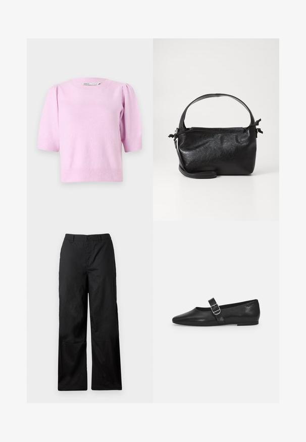 Roze short-sleeve sweater met een ronde halslijn, geribbelde manchetten en een zachte textuur, met subtiele pofdetails op de schouders.; Zwarte, brede broek van gladde stof. Voorzien van een knoopsluiting en riemlussen. Geen zichtbare patronen of accenten.; Zwarte leren platte schoen met een ronde neus, een enkele verstelbare gespsluiting en een gladde, glanzende textuur. Minimalistisch ontwerp met een lage hak.; Zwarte leren handtas met een gestructureerd ontwerp, een ronde bovenhandgreep en een afneembare schouderriem. Beschikt over een gladde textuur en een subtiele glans.