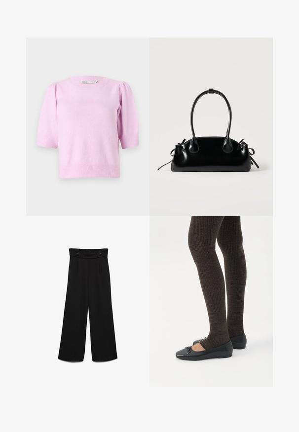 Roze short-sleeve sweater met een ronde halslijn, geribbelde manchetten en een zachte textuur, met subtiele pofdetails op de schouders.; Zwarte broek met wijde pijpen en een hoge tailleband, voorzien van twee knopen aan de voorkant en een gladde textuur. Rechte snit met plooien aan de voorkant.; Benen met donkere geribbelde leggings gecombineerd met zwarte ballerina's met kleine strikdetails op een witte achtergrond.; Kleine zwarte glanzende handtas met twee lange hengsels en zijkant trekkoord details op een effen lichte achtergrond.