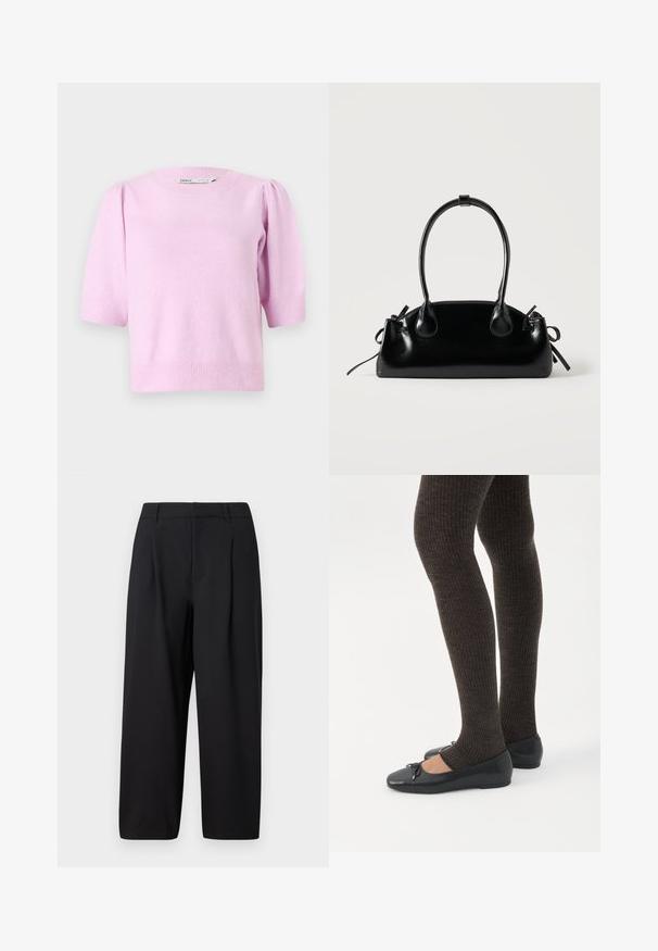 Lyserød kortærmet sweater med rund halsudskæring, ribbede manchetter og en blød tekstur, med subtile puffdetaljer på skuldrene.; Sorte bukser med en afslappet pasform, plisseret front, glat talje og blød tekstur. Klippet til en cropped længde, velegnet til både formelt og afslappet brug.; Ben iført mørke ribbede leggings kombineret med sorte balletsko med små sløjfedetaljer på hvid baggrund.; Lille sort blank håndtaske med to lange håndtag og snøre-detaljer i siden på en ensfarvet lys baggrund.
