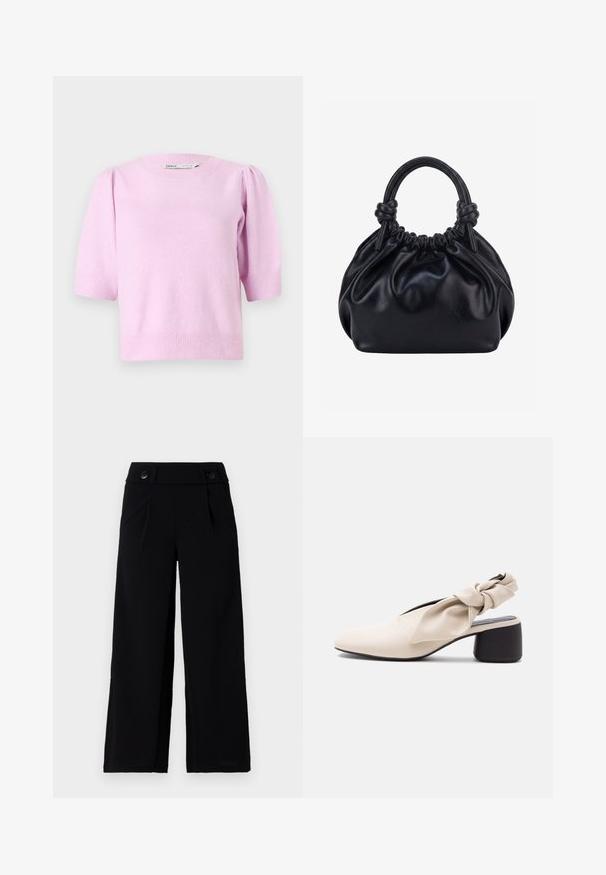 Roze short-sleeve sweater met een ronde halslijn, geribbelde manchetten en een zachte textuur, met subtiele pofdetails op de schouders.; Zwarte wijde broek met een vlakke voorzijde, zijzakken en twee knopen in de taille. Soepele stof met een subtiele glans.; Beige dames schoen met lage hak, puntige neus en een gedraaide band detail over de wreef en de hiel.; Zwarte zachte leren handtas met geplooide bovenkant en twee dikke handvatten die in knopen zijn gestrikt tegen een effen lichte achtergrond.