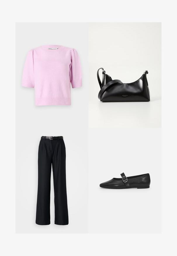 Roze short-sleeve sweater met een ronde halslijn, geribbelde manchetten en een zachte textuur, met subtiele pofdetails op de schouders.; Zwarte wijde broek van gladde stof, met voorplooien en een bijpassende zwarte riem met een zilveren gesp.; Zwarte leren platte schoen met een ronde neus, een enkele verstelbare gespsluiting en een gladde, glanzende textuur. Minimalistisch ontwerp met een lage hak.; Zwarte leren handtas met een gladde textuur. Beschikt over een verstelbare schouderband en een strak, minimalistisch ontwerp met een ritssluiting.