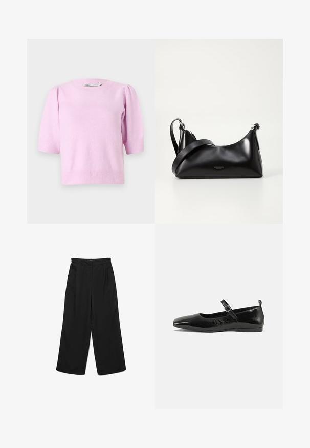 Pull court à manches courtes de couleur rose, avec un col rond, des poignets côtelés et une texture douce, agrémenté de détails légèrement bouffants aux épaules.; Pantalon noir à jambes larges avec devant plat, deux plis et poches latérales. Confectionné dans un tissu lisse avec une ceinture structurée.; Chaussure plate en cuir verni noir avec un bout pointu, une sangle de cheville avec boucles, et une texture lisse et brillante. Talon bas pour le confort.; Sac à main en cuir noir avec une texture lisse. Dispose d'une bandoulière adjustable et d'un design élégant et minimaliste avec une fermeture éclair.