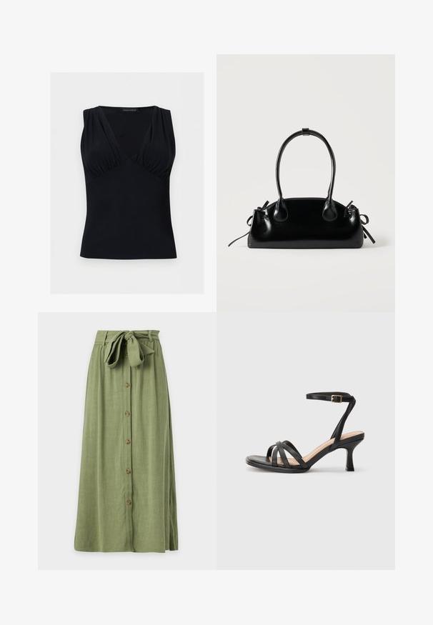 Top noir sans manches avec un décolleté en V profond et un détail subtil de tissu froncé au niveau de la poitrine, fabriqué par Anna Field.; Longue jupe vert olive avec des boutons sur le devant et une large ceinture en tissu nouée en nœud à la taille.; Sandales à talons noirs avec plusieurs fines lanières sur le bout, une seule lanière à la cheville avec une boucle dorée, et un bout carré.; Petit sac à main noir brillant avec deux longues anses et des détails à cordon sur les côtés sur un fond clair uni.