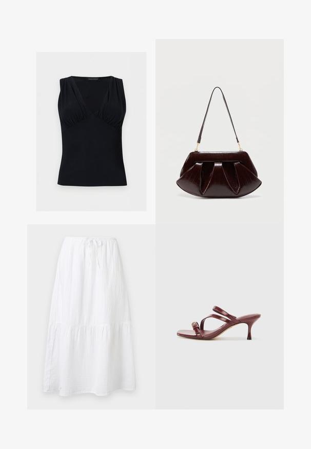 Top noir sans manches avec un décolleté en V profond et un détail subtil de tissu froncé au niveau de la poitrine, fabriqué par Anna Field.; Jupe midi en coton blanc avec volants rassemblés, taille élastique et fermeture à cordon.; Sandales à talons hauts en cuir verni bourgogne avec un bout carré, deux fines lanières et une boucle dorée décorative sur le côté.; Sac à main en cuir marron foncé avec plis froncés, ferrures dorées et une seule bandoulière, sur un fond clair uni.