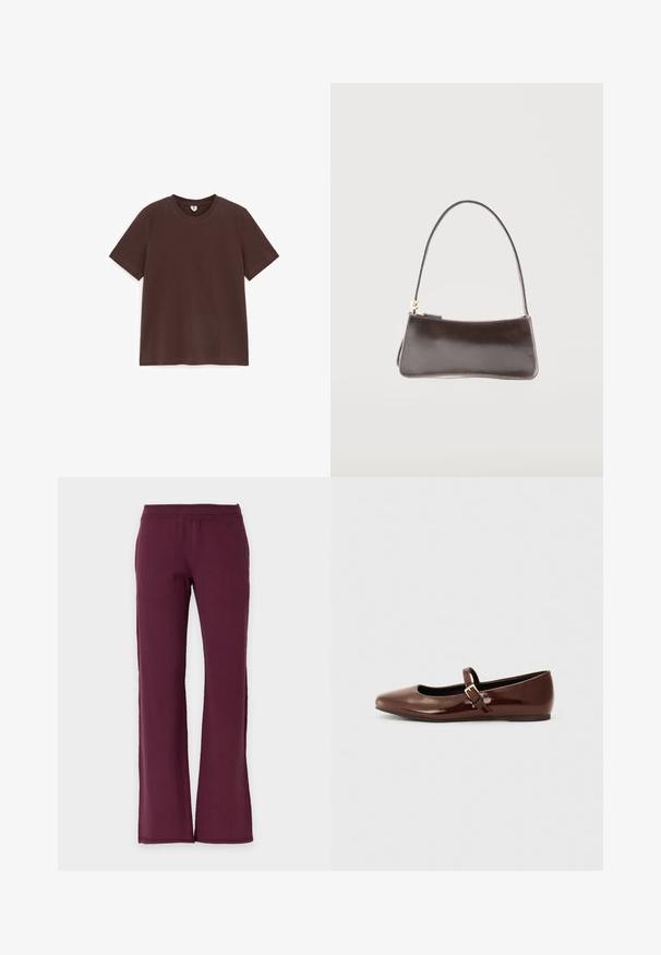 T-shirt en coton marron foncé uni à manches courtes avec col rond, posé à plat sur fond blanc.; Pantalon droit de couleur bordeaux foncé uni avec une taille élastique, en tissu doux.; Ballerine en cuir verni marron avec un bout carré et une lanière ornée d'une petite boucle dorée. Texture lisse, talon bas et design minimaliste.; Petit sac à main rectangulaire en cuir marron foncé avec une bandoulière unique et une fermeture éclair dorée.