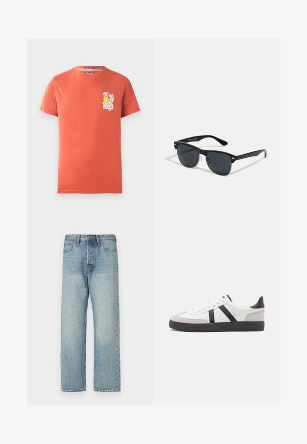 Korteærmet t-shirt i koralfarvet bomuld. Har et hvidt grafisk design med tekst og et smilende ansigt på venstre brystområde. Rund halsudskæring.; Lysblå denimjeans med lige ben-design, fem lommer og bronze hardware. Minimal falming med en ren finish.; Hvide sneakers med sorte og grå detaljer, med en tekstureret grå tåhætte, sort gummisål og flade hvide snørebånd. Rent design, minimalistisk stil.; Sorte solbriller med rektangulær form, mørke linser, sølvdetaljer ved tindingerne og en mat finish på stellet.