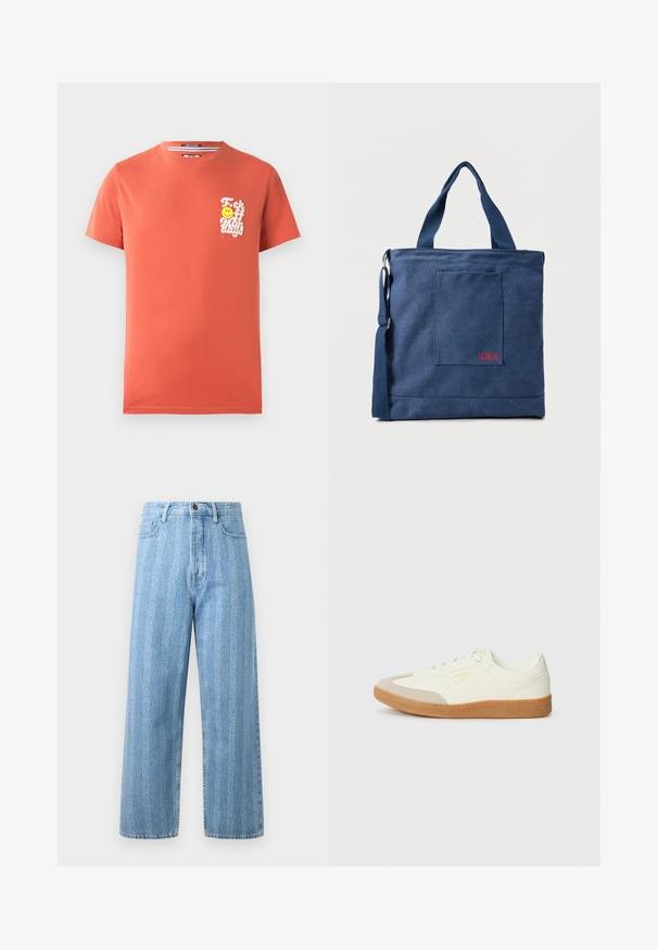 Korte mouwen t-shirt in koraalkleurige katoen. Bevat een witte grafische opdruk met tekst en een glimlachend gezicht op de linkerkant van de borst. Ronde halslijn.; Lichtblauwe denim jeans met een wijd uitlopende pasvorm, voorzien van een herhalend kettingpatroon. Klassieke vijf-pocketstijl en metalen knoopdetail.; Schoen gemaakt van wit leer met een beige teenkap en een lichtbruine rubberen zool. Voorzien van platte witte veters en reliëfbranding aan de zijkant.; Blauwe canvas tas met voorvak en rode "O.N.S" borduring, voorzien van dubbele handvatten en een verstelbare schouderriem.