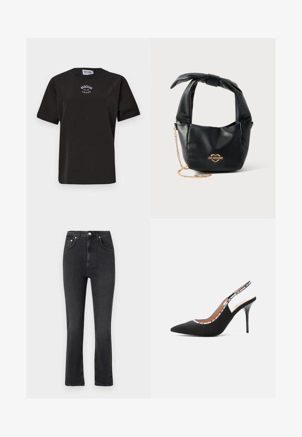 Must mustreest rikaste shirt, lühikeste varrukatega, ümmarguse kaelusega ja rinnal valge brodüüriga logo "Moschino Jeans".; Mustad kõrge vöökohaga sirge säärega teksad, millel on esimesed taskud, vööaugud, nööpidega kinnis ja nähtavad õmblused heledal taustal.; Love Moschino LOGO TAPE - Kõrge kontsaga kingad - black; Mustast pehmest nahast Love Moschino käekott sõlmitud sangaga ja kuldse kettidega rihmaga valgel taustal.