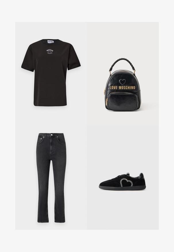 Sort bomulds T-shirt med korte ærmer, med en rund halsudskæring og et hvidt broderet logo "Moschino Jeans" på brystet.; Sorte jeans med høj talje og lige ben med forlommer, bæltestropper, knaplukning og synlige sømme på en lys baggrund.; Sorte ruskinds sneakers med en glat tekstur, der har et hjerte designet med rhinsten på siden og en gummisål.; Sort læder Love Moschino rygsæk med flettet håndtag, frontlomme, guld lynlåse og hjerte-detalje over logoet.