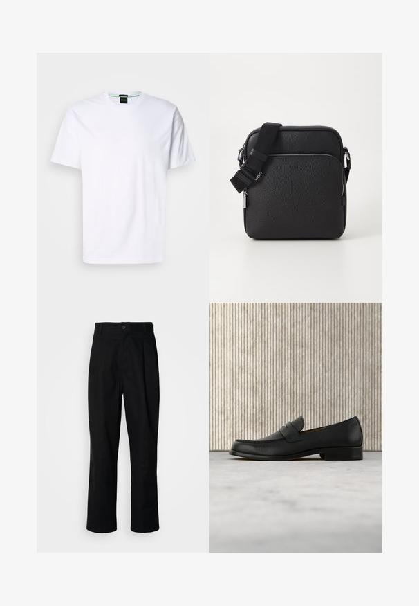 T-shirt en coton blanc avec un col rond et des manches courtes. Présente un logo subtil imprimé à l'avant dans une couleur claire. Coupe classique.; Pantalons noirs à jambes droites avec une taille à bouton, passants de ceinture et pli avant, présentés sur un fond blanc uni.; Mocassin en cuir noir flottant au-dessus d'un tapis beige avec une table ronde brune brillante en arrière-plan.; Sac bandoulière en cuir noir avec une surface texturée, doté d'une poche zippée à l'avant, d'une bandoulière ajustable et d'accents en métal.