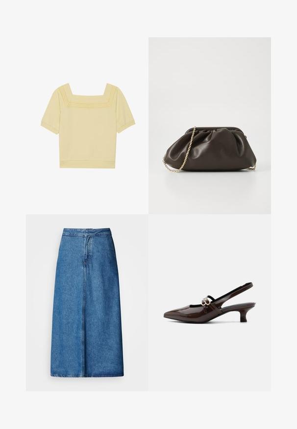 Kortærmet top med firkantet halsudskæring i lys gul bomuld, med en tekstureret strikdetalje langs halsudskæringen og en afslappet pasform.; Denim midi-nederdel med afslappet pasform, høj talje, frynset kant og ensfarvet blå. Enkel design uden synlige udsmykninger.; Marco Tozzi Pumps - cinnamon; Brun læderhandtaske med en sammensnøring, guld kædestrop og blød, struktureret overflade. Kompakt form velegnet til aftensbrug.