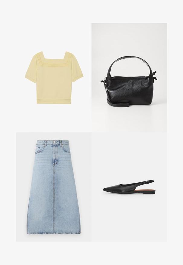 Kortærmet top med firkantet halsudskæring i lys gul bomuld, med en tekstureret strikdetalje langs halsudskæringen og en afslappet pasform.; Lyseblå denim midi-nederdel med for-trykknap og lynlås, sidelommer og bæltestropper, præsenteret på en hvid baggrund.; Sorte læder slingback sko med spidse tæer, subtil glans og justerbar ankelrem. Flad hæl med en brun indersål.; Sort læderhåndtaske med et struktureret design, rund tophåndtag og aftagelig skulderrem. Den har en glat tekstur og en subtil glans.