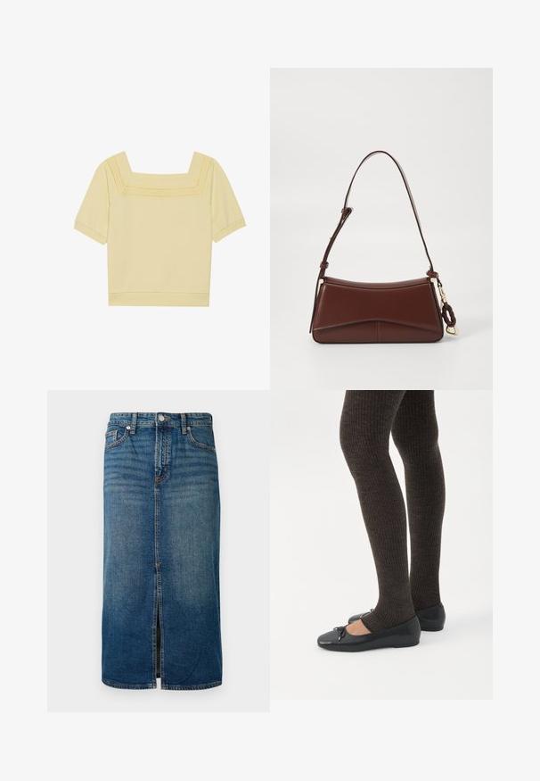 Top à manches courtes et décolleté carré en coton jaune clair, avec un détail tricoté texturé le long de l'encolure et une coupe décontractée.; Jupe midi en denim bleu foncé avec une fente à l'avant, cinq poches et des coutures contrastées. Elle dispose d'une fermeture par bouton et zip à la taille.; Jambes portant des leggings côtelés foncés associés à des ballerines noires avec de petits détails en nœud sur fond blanc.; Sac à main en cuir marron avec une silhouette incurvée, une seule sangle et des garnitures en or. Il présente un accent tressé et une texture lisse et mate.