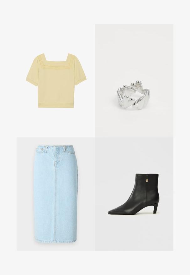 Kortærmet top med firkantet halsudskæring i lys gul bomuld, med en tekstureret strikdetalje langs halsudskæringen og en afslappet pasform.; Lys blå denim blyantskørt med høj talje, fem lomme-design og subtile syninger langs sømmene.; Sorte læderankelstøvler med spids snude og lille, tilspidset hæl. Har lynlås i siden med gulddetalje. Glat tekstur.; Avgvst HEARTS - Ringe - silver coloured