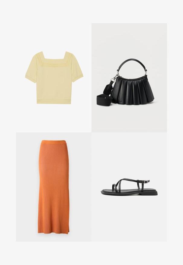 Kortærmet top med firkantet halsudskæring i lys gul bomuld, med en tekstureret strikdetalje langs halsudskæringen og en afslappet pasform.; Samsøe Samsøe SACHERYL SKIRT - Maxinederdele - autumn maple mel; Sorte flade sandaler med tynde justerbare stropper, rektangulær tåpost og en struktureret mat finish. Har en lav, let firkantet hæl.; Sort læderhåndtaske med plissering, kort håndtag og aftagelig bred skulderrem i stof på hvid baggrund.
