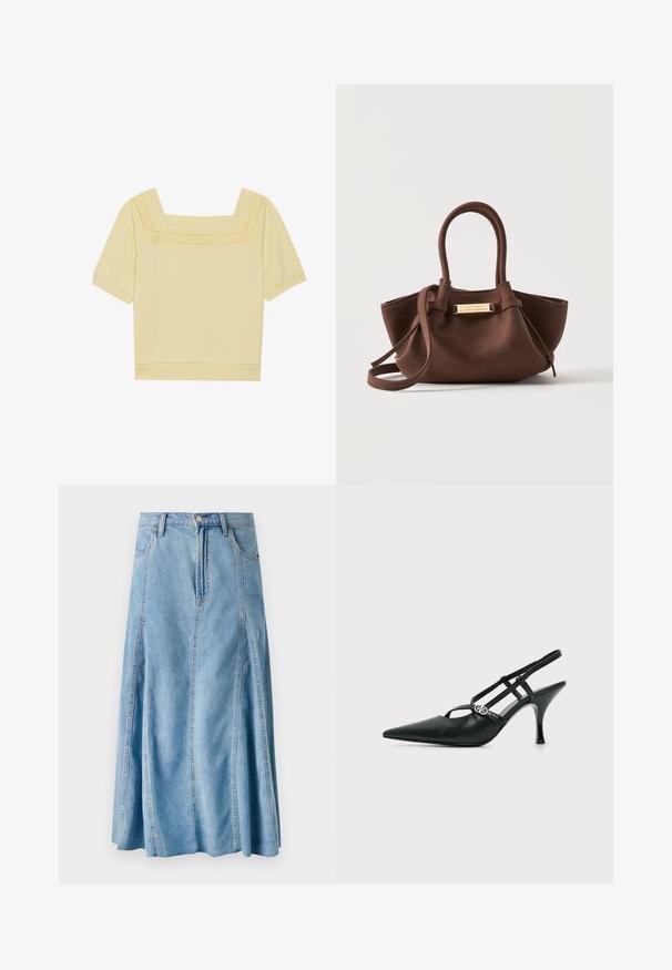 Kortærmet top med firkantet halsudskæring i lys gul bomuld, med en tekstureret strikdetalje langs halsudskæringen og en afslappet pasform.; Lyseblå denimnederdel med en udvidet design, der har en knaplukning, bæltesløjfer og lodrette sømdetaljer. Længde til midt på læggen.; Sort læder spids tå slingback hæl med tynde stropper og en lille sølv dekorativ spænde på siden.; Brun læderhåndtaske med afrundede håndtag, sideremmeknuder og en gulddetajle med teksten "Anna Field" på en ensfarvet hvid baggrund.