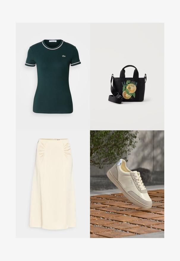 Mørkegrøn kortærmet t-shirt, figursyet design, med hvid kant omkring kraven og ærmerne, og med et lille Lacoste-logo på brystet.; Cremefarvet midi-nederdel med samlet detaljer ved taljen og en glat, slank tekstur. Har en lynlås i siden til lukning.; Beige og cremefarvet sneaker med sølv hældetalje, snørebånd bundet, placeret over en flisebelagt træs overflade med sløret grønt område og væg i baggrunden.; Sort lærreds håndtaske med aftagelig skulderrem og printet motiv af to ferskner samt fransk tekst på forsiden.