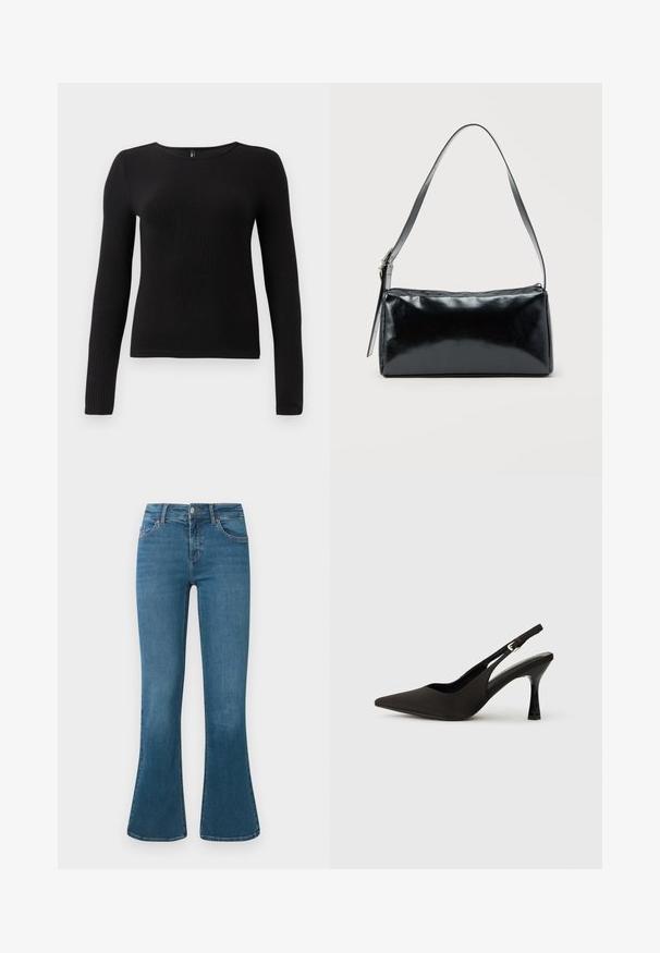 Sort ribbet langærmet top med rund halsudskæring og tætsiddende silhuet. Stoffet ser blødt og tekstureret ud med en subtil stræk.; Blå denim flared jeans med en mellemhøj talje, fem-lomme design og diskrete syninger. Glat tekstur med en klassisk vask.; Sorte slingback hæle med spids tå, glat mat finish og en slank, blank hæl. Justerbar rem med lille spænde detaljer.; Sort rektangulær skuldertaske med en enkelt justerbar rem og lynlås i toppen på en ensfarvet baggrund.