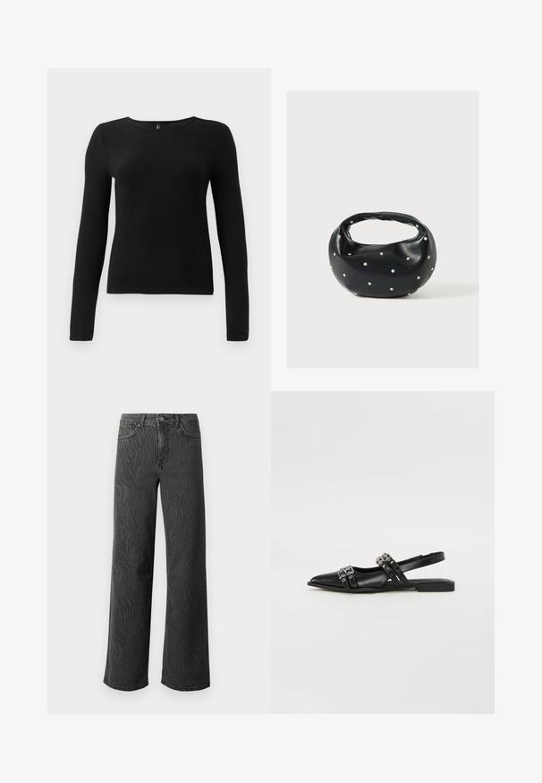 Sort ribbet langærmet top med rund halsudskæring og tætsiddende silhuet. Stoffet ser blødt og tekstureret ud med en subtil stræk.; Bredde ben jeans i mørkegrå denim med en subtil zebra-mønster tekstur, kontrastsyninger og fem lomme design med en knap zip.; Even&Odd Slingback-ballerinasko - black; Sort læderhåndtaske med en rundet form, dekoreret med sølvnitter, og et kort håndtag. Glat tekstur og lynlåslukning.