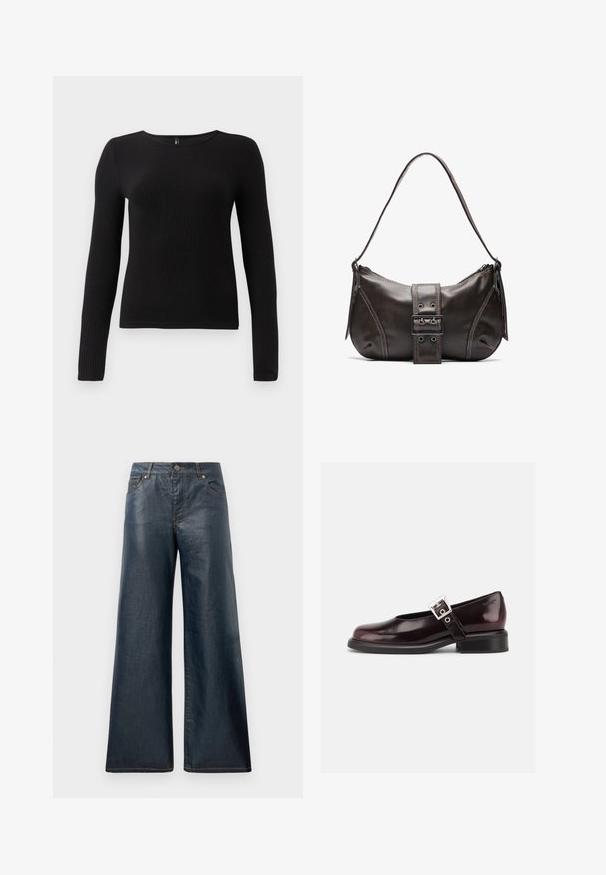 Zwarte geribbelde langemouwen top met een ronde halslijn en een aansluitende silhouet. De stof lijkt zacht en tekstuurlijk met een subtiele stretch.; Wijdvallende denim jeans in donkerblauw, met vijf zakken, een sluiting met een knoop aan de voorkant en contrasterende stiksels langs de naden.; Enkele glanzende donker bordeauxrode Mary Jane schoen met brede band en zilveren gesp, lage blokhak en afgeronde neus op witte achtergrond.; Bruine leren schoudertas met een gebogen vorm, voorzien van een opvallende gespdetail, contrasterende stiksels en een enkele schouderband.