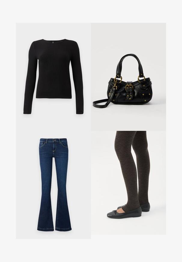 Sort ribbet langærmet top med rund halsudskæring og tætsiddende silhuet. Stoffet ser blødt og tekstureret ud med en subtil stræk.; Udsvingede mørkeblå jeans lavet af denim, med forlommer og gule stikninger langs sømmene. Standard talje og lynlås.; Ben iført mørke ribbede leggings kombineret med sorte balletsko med små sløjfedetaljer på hvid baggrund.; Sort læderhåndtaske med guldbælge og nitdetaljer, korte håndtag og en justerbar skulderrem på en ensfarvet hvid baggrund.