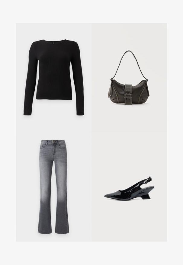 Sort ribbet langærmet top med rund halsudskæring og tætsiddende silhuet. Stoffet ser blødt og tekstureret ud med en subtil stræk.; Højtaljede, brede jeans i mørkegråt denim med forlommer, knaplukning og subtilt falmede effekter mod kanten.; Sort laklæder slingback sko med spids tå og lav vinklet blokhæl på ensartet lys baggrund.; Sort læder skuldertaske med spænde på remmen, afrundede kanter og kontrasterende hvide syninger på en ensfarvet baggrund.