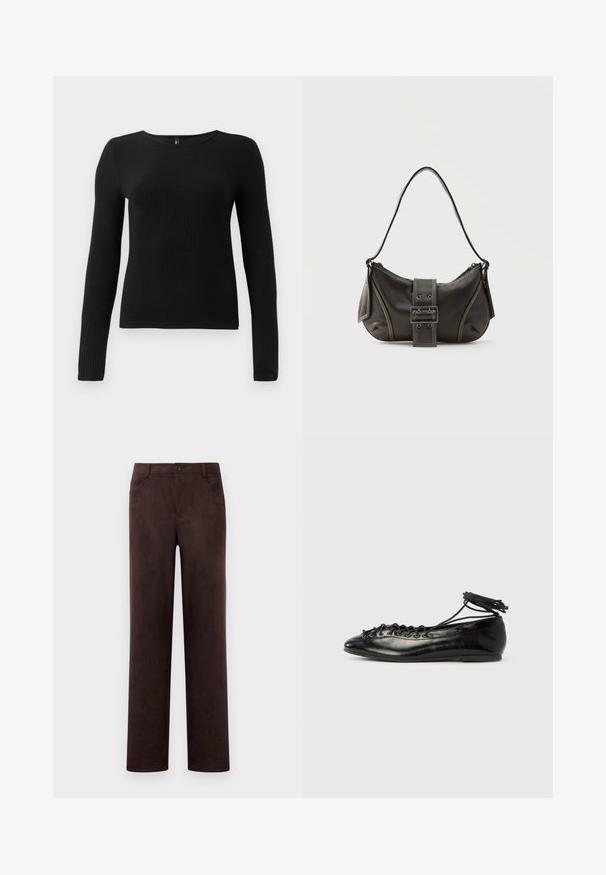 Zwarte geribbelde langemouwen top met een ronde halslijn en een aansluitende silhouet. De stof lijkt zacht en tekstuurlijk met een subtiele stretch.; Rechtdoorgaande donkerbruine suede broeken met voorknop- en ritssluiting, riemlussen en zijzakken.; Zwarte ballerina's van lakleer met een afgeronde neus, veterdesign en een platte zool. Glad oppervlak met minimale details.; Zwarte leren schoudertas met gespsluiting aan de riem, afgeronde hoeken en contrasterende witte stiksels op een effen achtergrond.