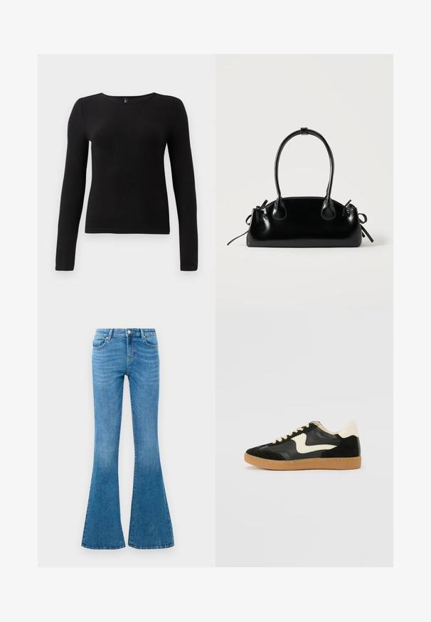 Sort ribbet langærmet top med rund halsudskæring og tætsiddende silhuet. Stoffet ser blødt og tekstureret ud med en subtil stræk.; Blå denim flared jeans med mellemhøj talje, der har fem lommer, en standard knaplukning og let falmning for struktur.; Sorte ruskinds- og lædersneakers med en cremefarvet side-swoosh og lys cremefarvet hæl. Har beige snørebånd og en gummirubber-sål.; Lille sort blank håndtaske med to lange håndtag og snøre-detaljer i siden på en ensfarvet lys baggrund.